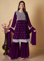 Faux Georgette Purple Eid Wear Embroidery Work Readymade Sharara Suit